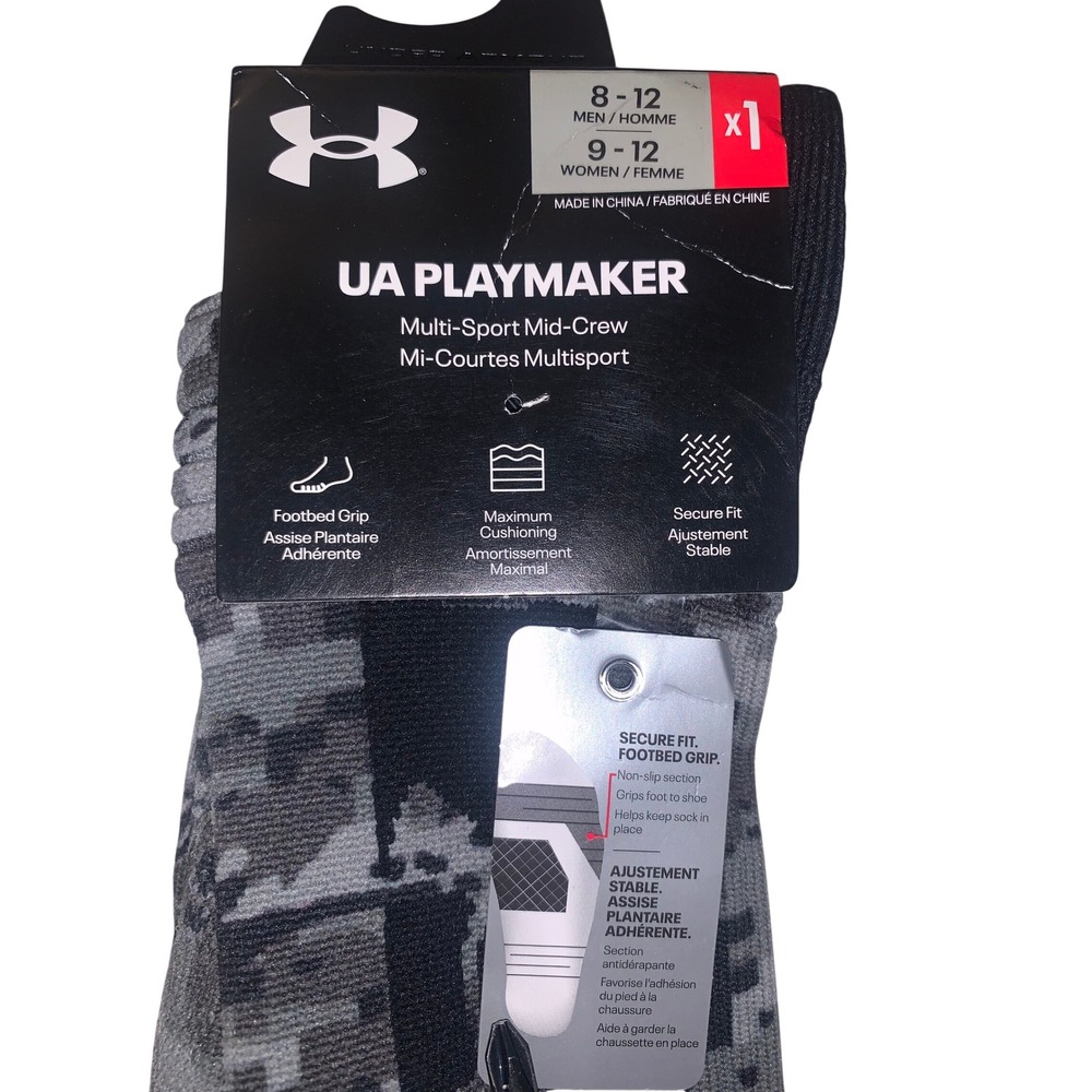 Under Armour Playmaker Mid-Crew Socks Concrete Black Camo Men 8-12 Women 9-12